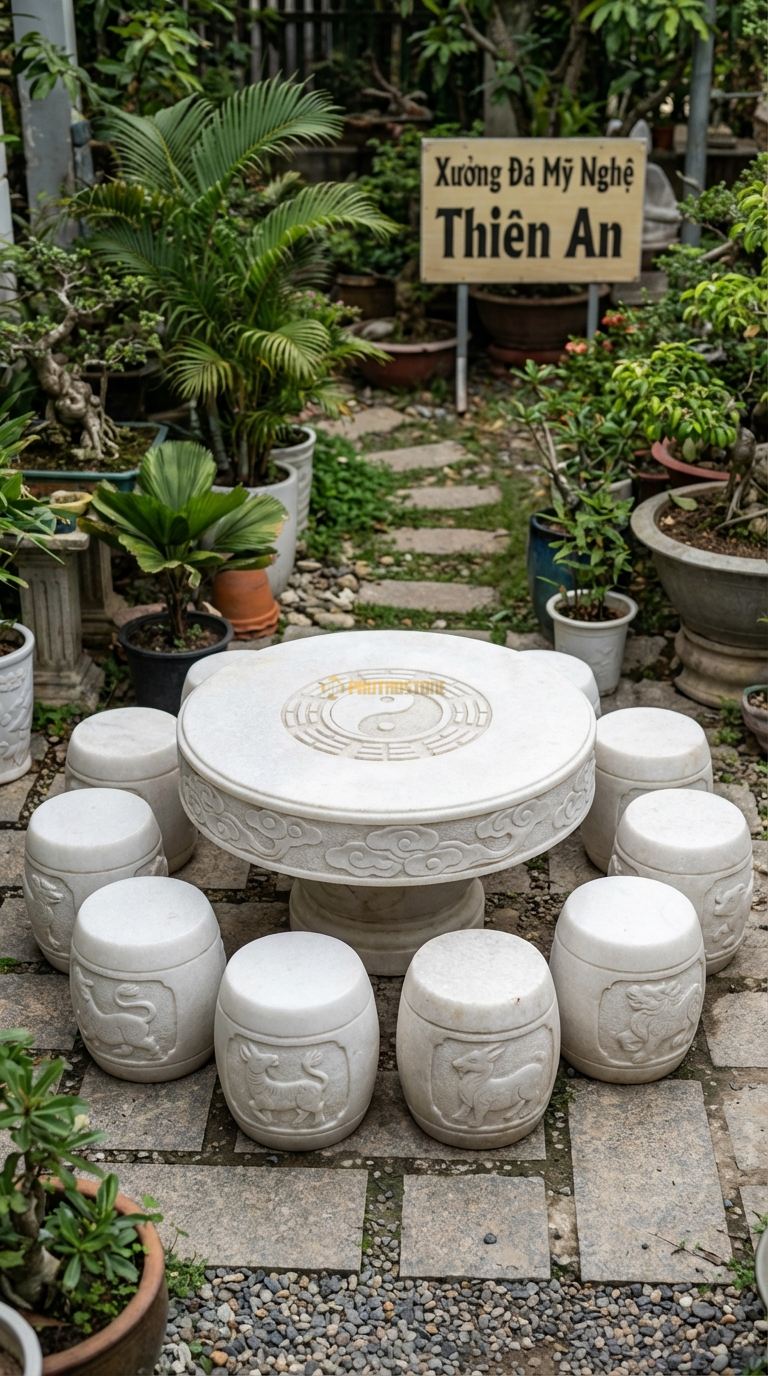 Bộ Bàn Ghế đá 12 Con Giáp, Chất Liệu đá Trắng Muối, Kiểu Dáng mỗi Đôn Chạm Khắc Hình Tượng Một Con Giáp, Mặt Bàn Chạm Thái Cực Đồ. Bàn: Đk 140 Cm x Cao 72 Cm Đôn: 12 Đôn (Mỗi Đôn 1 Con Giáp)