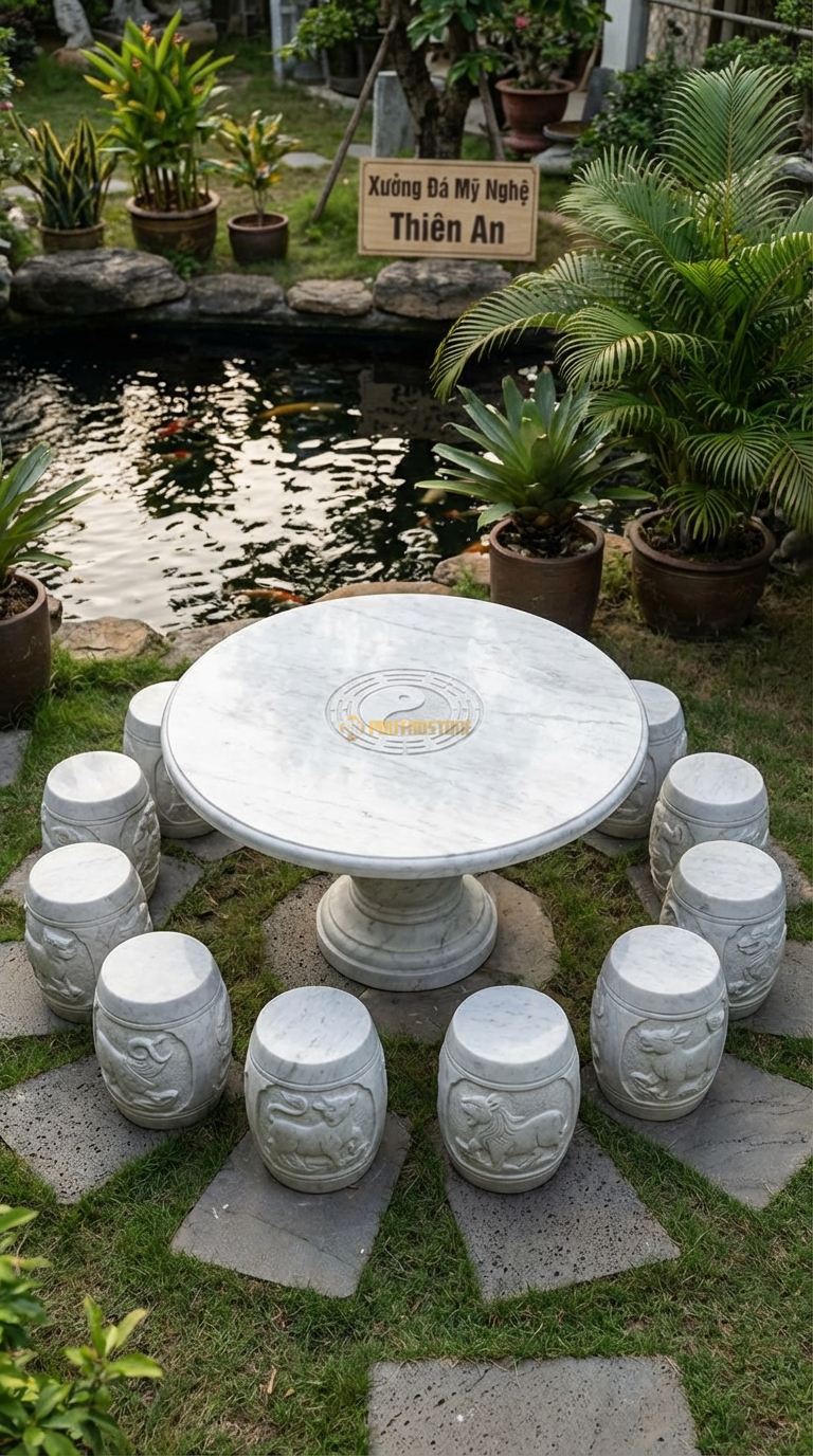 Bộ Bàn Ghế đá 12 Con Giáp, Chất Liệu đá Trắng Yên Bái, Kiểu Dáng mỗi Đôn Chạm Khắc Hình Tượng Một Con Giáp, Mặt Bàn Chạm Thái Cực Đồ. Bàn: Đk 140 Cm x Cao 72 Cm Đôn: 12 Đôn (Mỗi Đôn 1 Con Giáp)