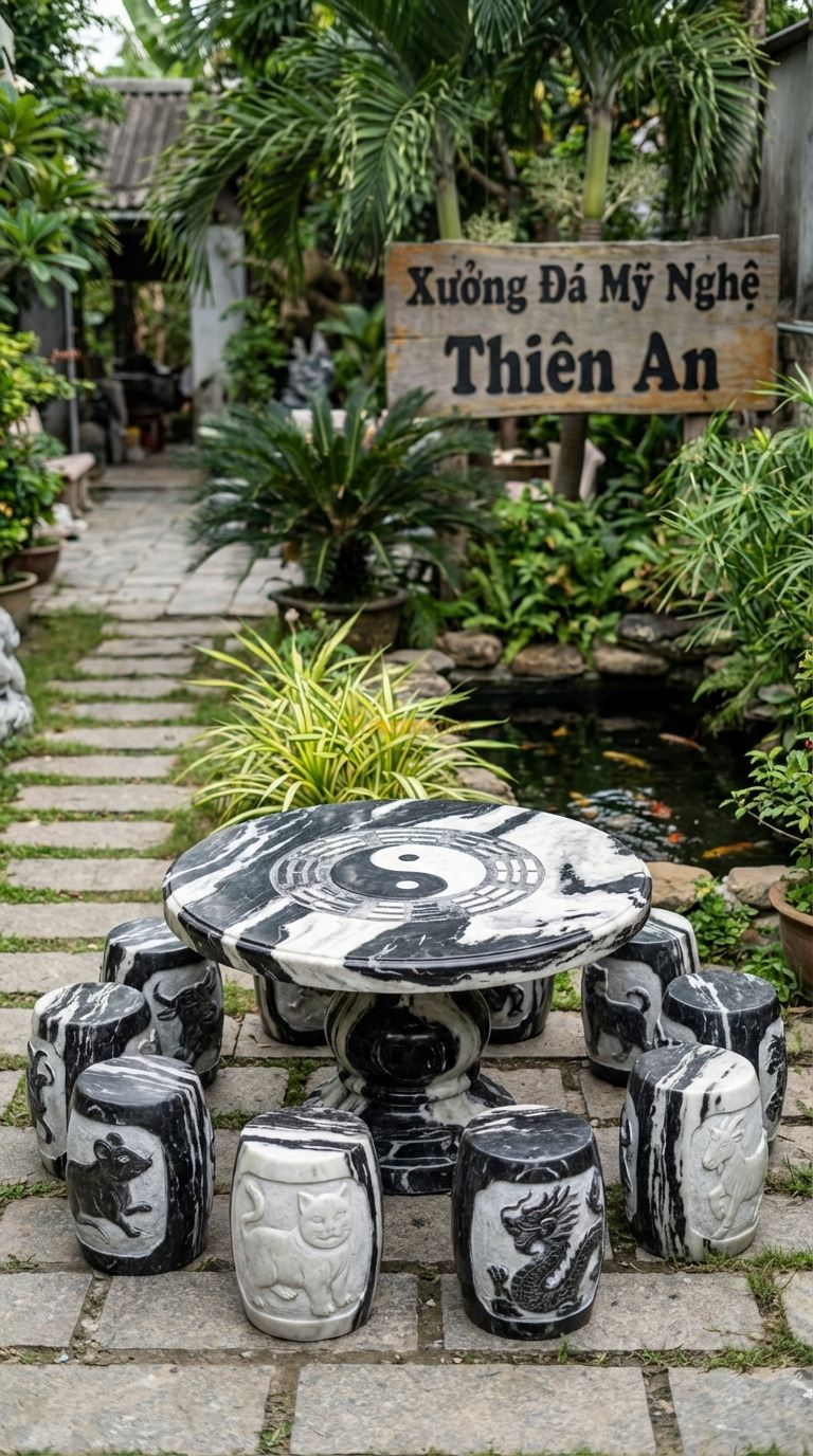 Bộ Bàn Ghế đá 12 Con Giáp, Chất Liệu đá Tuyết Sơn, Kiểu Dáng mỗi Đôn Chạm Khắc Hình Tượng Một Con Giáp, Mặt Bàn Chạm Thái Cực Đồ. Bàn: Đk 140 Cm x Cao 72 Cm Đôn: 12 Đôn (Mỗi Đôn 1 Con Giáp)