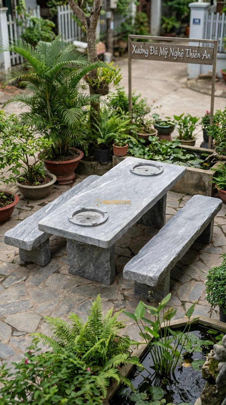 Bộ Bàn Ghế đá Bàn 2 Bếp, Chất Liệu đá Cẩm Thạch Xám, Kiểu Dáng thiết Kế Bàn Dài Có 2 Vị Trí Đặt Bếp Ở 2 Đầu, Phục Vụ Đông Người. Bàn: 240 x 100 x 75 Cm
