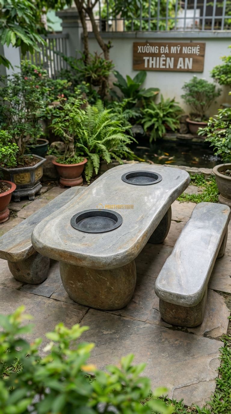 Bộ Bàn Ghế đá Bàn 2 Bếp, Chất Liệu đá Cuội, Kiểu Dáng thiết Kế Bàn Dài Có 2 Vị Trí Đặt Bếp Ở 2 Đầu, Phục Vụ Đông Người. Bàn: 240 x 100 x 75 Cm