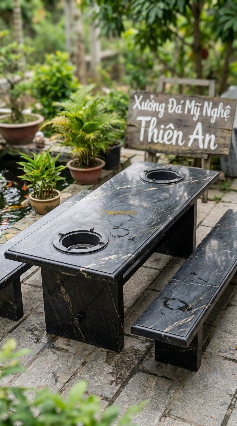 Bộ Bàn Ghế đá Bàn 2 Bếp, Chất Liệu đá Đen Chỉ Nâu, Kiểu Dáng thiết Kế Bàn Dài Có 2 Vị Trí Đặt Bếp Ở 2 Đầu, Phục Vụ Đông Người. Bàn: 240 x 100 x 75 Cm