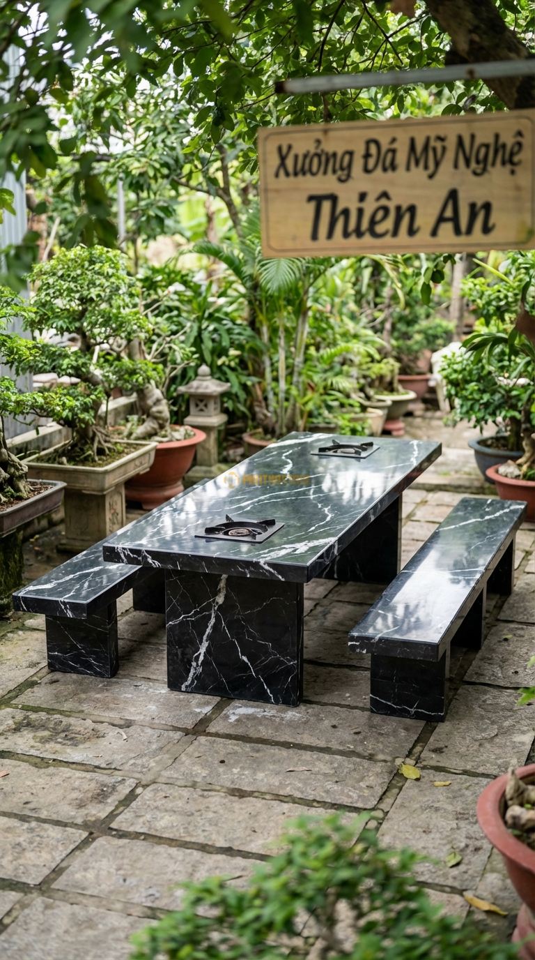 Bộ Bàn Ghế đá Bàn 2 Bếp, Chất Liệu đá Đen Tia Chớp, Kiểu Dáng thiết Kế Bàn Dài Có 2 Vị Trí Đặt Bếp Ở 2 Đầu, Phục Vụ Đông Người. Bàn: 240 x 100 x 75 Cm