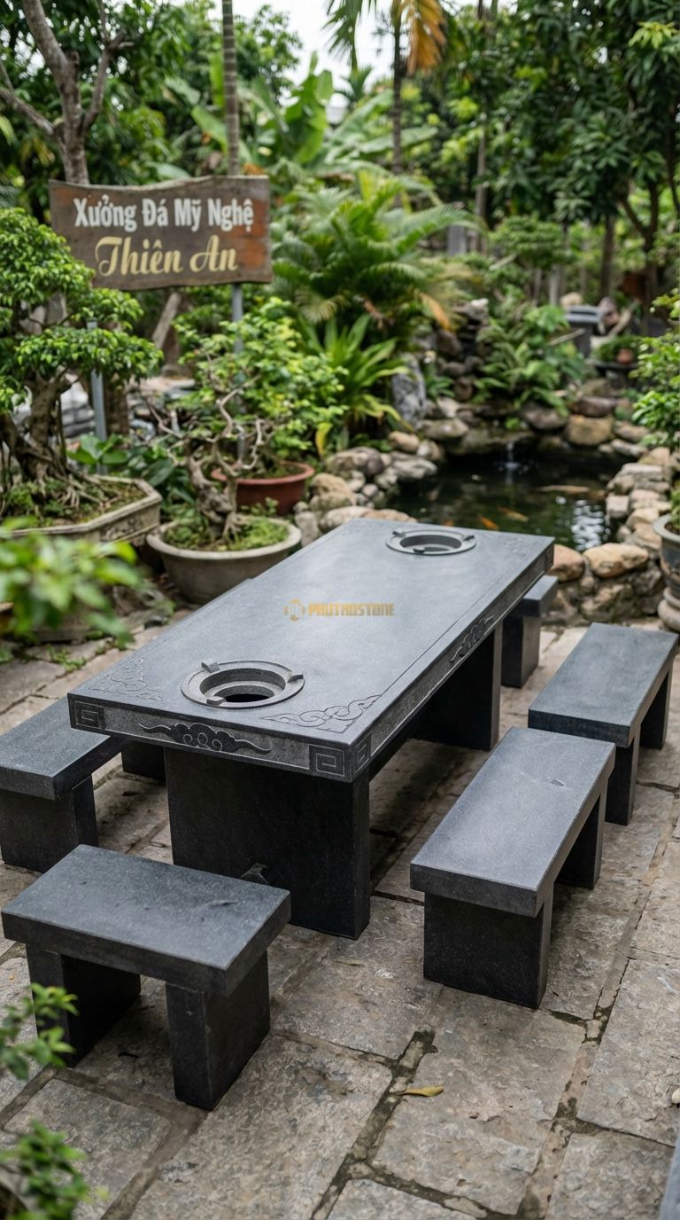 Bộ Bàn Ghế đá Bàn 2 Bếp, Chất Liệu đá Granite, Kiểu Dáng thiết Kế Bàn Dài Có 2 Vị Trí Đặt Bếp Ở 2 Đầu, Phục Vụ Đông Người. Bàn: 240 x 100 x 75 Cm