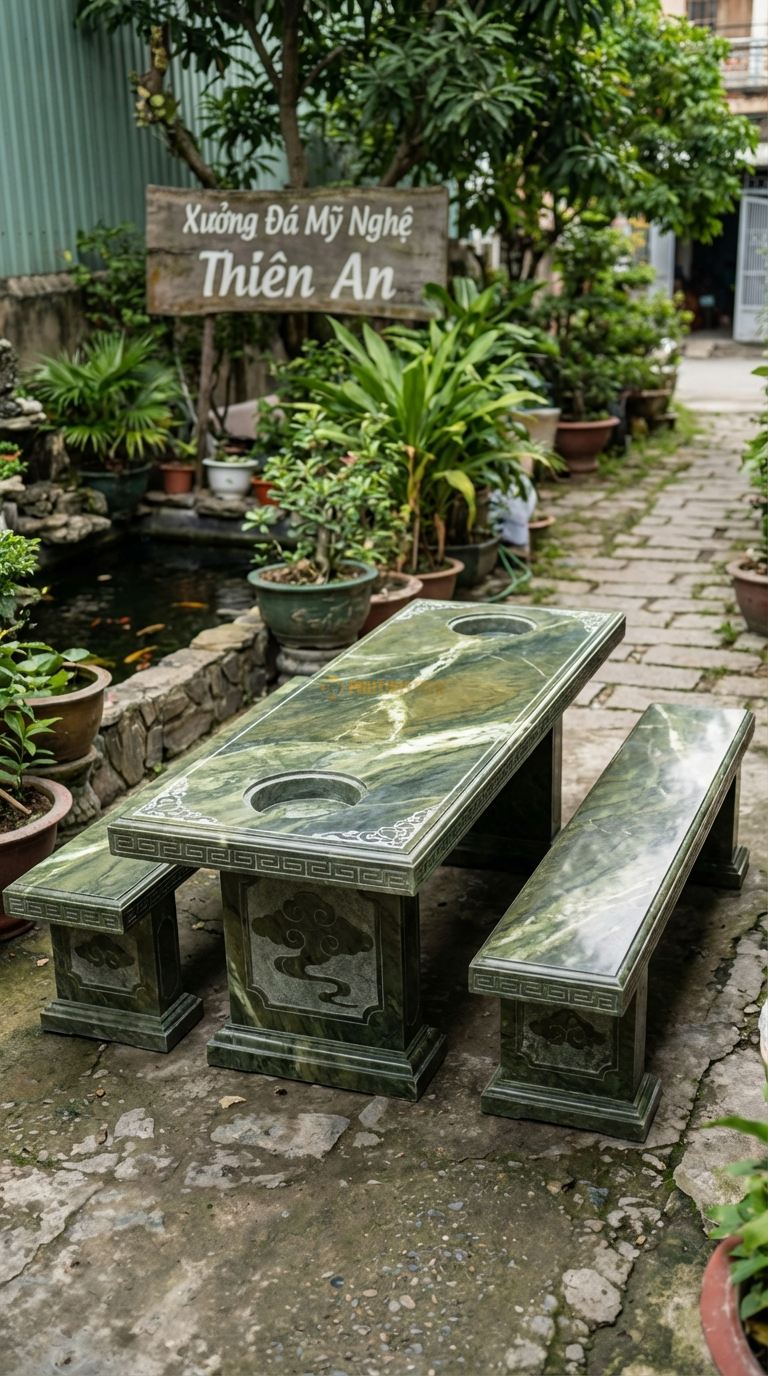 Bộ Bàn Ghế đá Bàn 2 Bếp, Chất Liệu đá Serpentine, Kiểu Dáng thiết Kế Bàn Dài Có 2 Vị Trí Đặt Bếp Ở 2 Đầu, Phục Vụ Đông Người. Bàn: 240 x 100 x 75 Cm