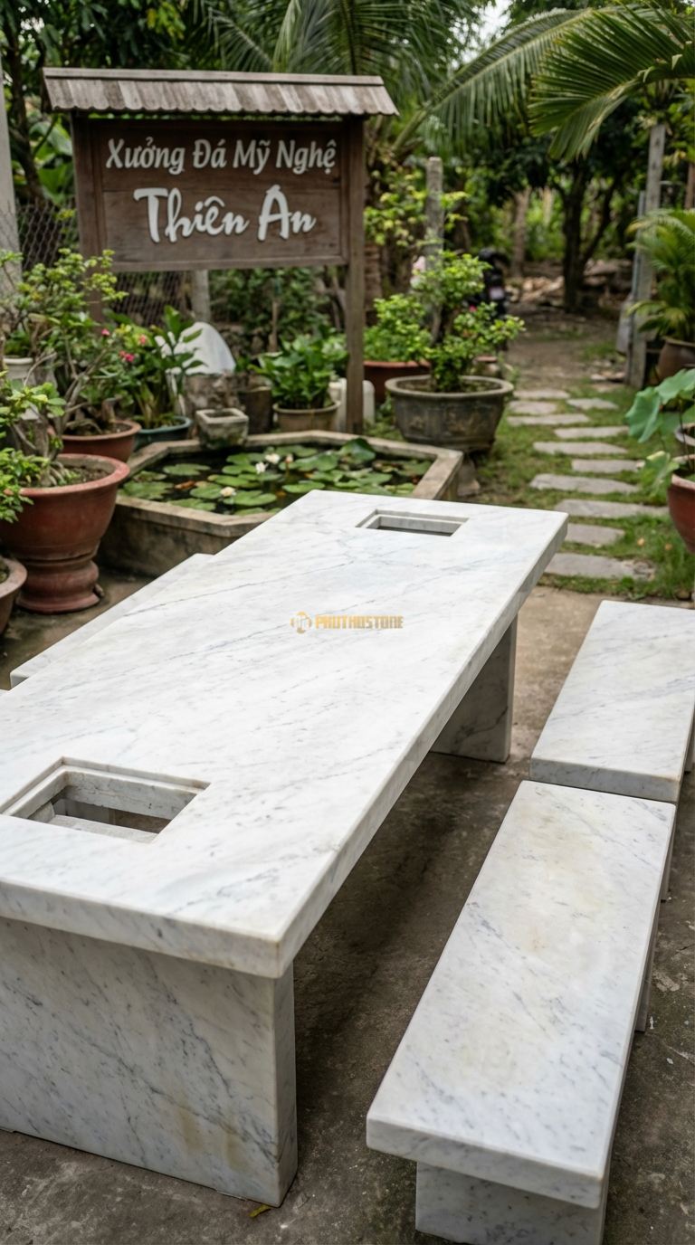 Bộ Bàn Ghế đá Bàn 2 Bếp, Chất Liệu đá Trắng Yên Bái, Kiểu Dáng thiết Kế Bàn Dài Có 2 Vị Trí Đặt Bếp Ở 2 Đầu, Phục Vụ Đông Người. Bàn: 240 x 100 x 75 Cm