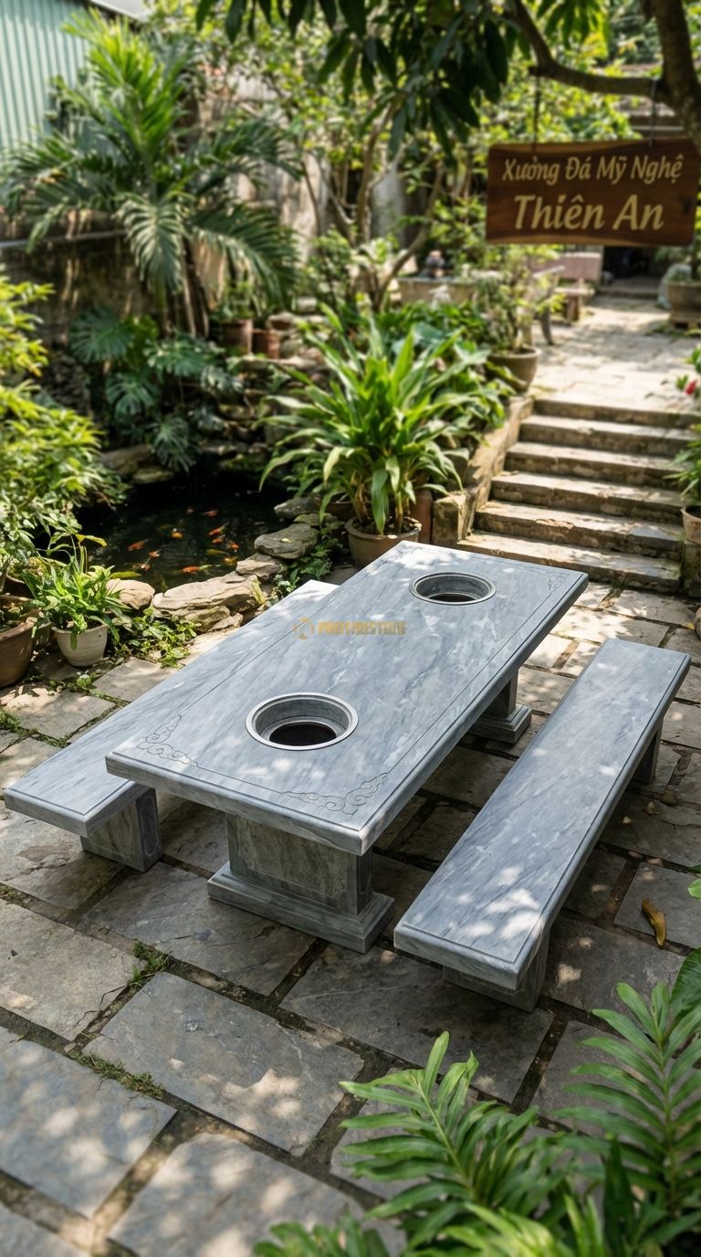 Bộ Bàn Ghế đá Bàn 2 Bếp, Chất Liệu đá Xám Vân Mây, Kiểu Dáng thiết Kế Bàn Dài Có 2 Vị Trí Đặt Bếp Ở 2 Đầu, Phục Vụ Đông Người. Bàn: 240 x 100 x 75 Cm