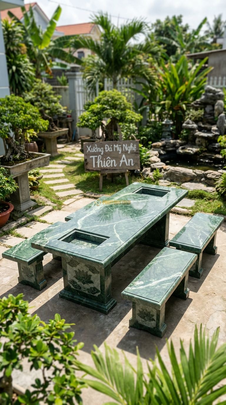 Bộ Bàn Ghế đá Bàn 2 Bếp, Chất Liệu đá Xanh Ấn, Kiểu Dáng thiết Kế Bàn Dài Có 2 Vị Trí Đặt Bếp Ở 2 Đầu, Phục Vụ Đông Người. Bàn: 240 x 100 x 75 Cm