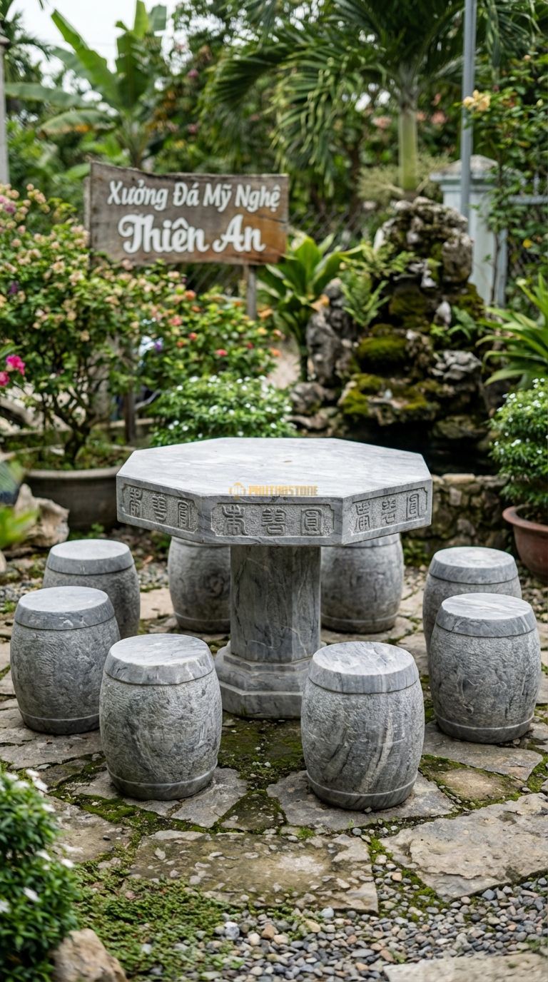Bộ Bàn Ghế đá Bàn Bát Giác, Chất Liệu đá Cẩm Thạch Xám, Kiểu Dáng mặt Bàn Hình Bát Giác (8 Cạnh), Cạnh Khắc Hoa Văn Triện Tàu Đơn Giản. Bàn: Đk 110 Cm x Cao 70 Cm Đôn: Tròn 30 x 40 Cm (8 Đôn)