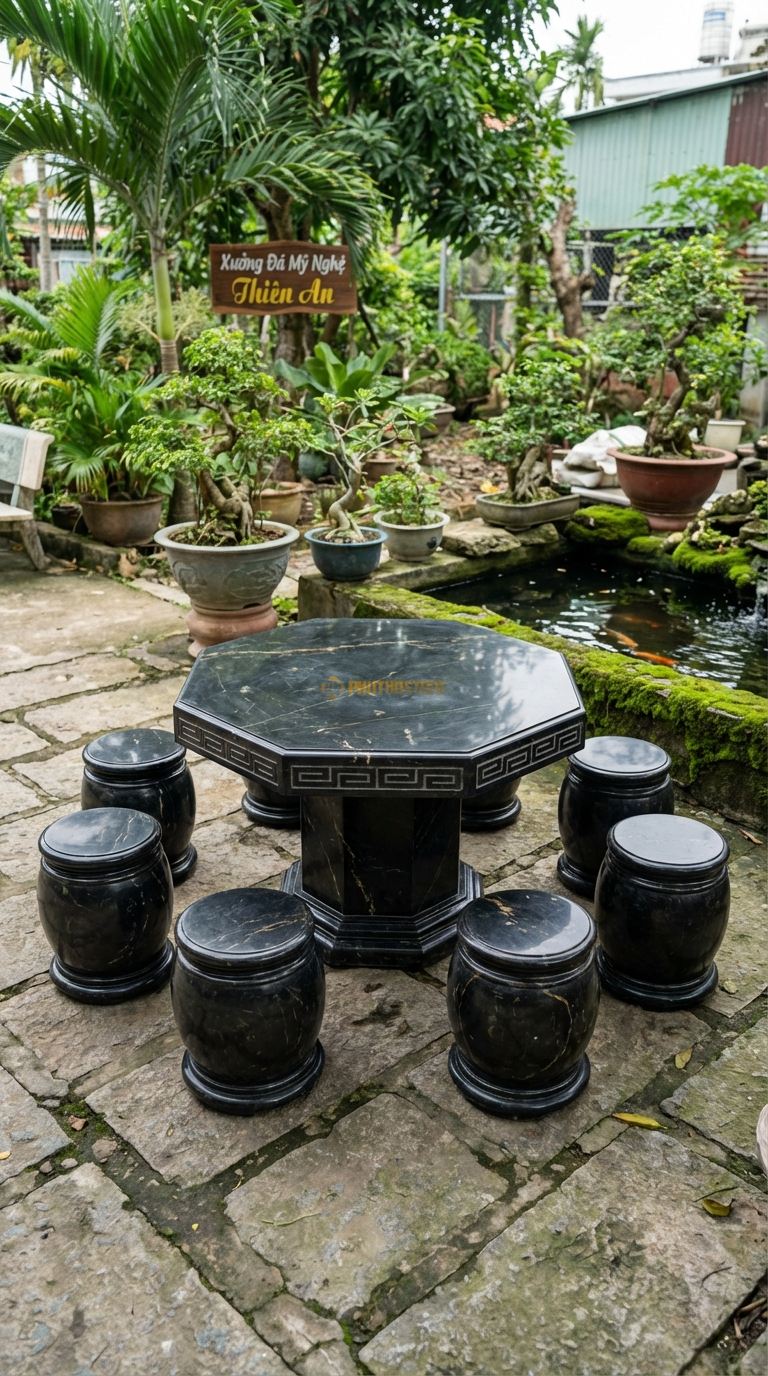 Bộ Bàn Ghế đá Bàn Bát Giác, Chất Liệu đá Đen Chỉ Nâu, Kiểu Dáng mặt Bàn Hình Bát Giác (8 Cạnh), Cạnh Khắc Hoa Văn Triện Tàu Đơn Giản. Bàn: Đk 110 Cm x Cao 70 Cm Đôn: Tròn 30 x 40 Cm (8 Đôn)