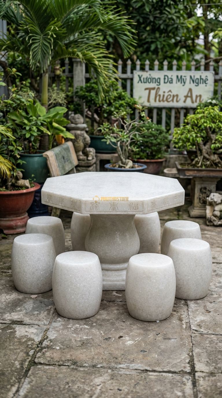 Bộ Bàn Ghế đá Bàn Bát Giác, Chất Liệu đá Trắng Muối, Kiểu Dáng mặt Bàn Hình Bát Giác (8 Cạnh), Cạnh Khắc Hoa Văn Triện Tàu Đơn Giản. Bàn: Đk 110 Cm x Cao 70 Cm Đôn: Tròn 30 x 40 Cm (8 Đôn)