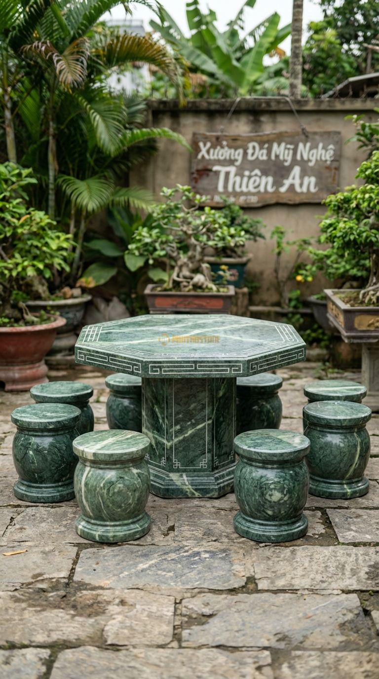 Bộ Bàn Ghế đá Bàn Bát Giác, Chất Liệu đá Xanh Ấn, Kiểu Dáng mặt Bàn Hình Bát Giác (8 Cạnh), Cạnh Khắc Hoa Văn Triện Tàu Đơn Giản. Bàn: Đk 110 Cm x Cao 70 Cm Đôn: Tròn 30 x 40 Cm (8 Đôn)