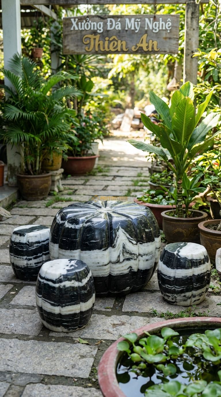 Bộ Bàn Ghế đá Bàn Bí Ngô, Chất Liệu đá Tuyết Sơn, Kiểu Dáng bàn Và Ghế Đẽo Gọt Tròn Trĩnh, Có Múi Như Quả Bí Ngô, Tạo Cảm Giác Dễ Thương. Bàn: Đk 60 Cm x Cao 50 Cm Đôn: Đk 30 Cm (3 Đôn)