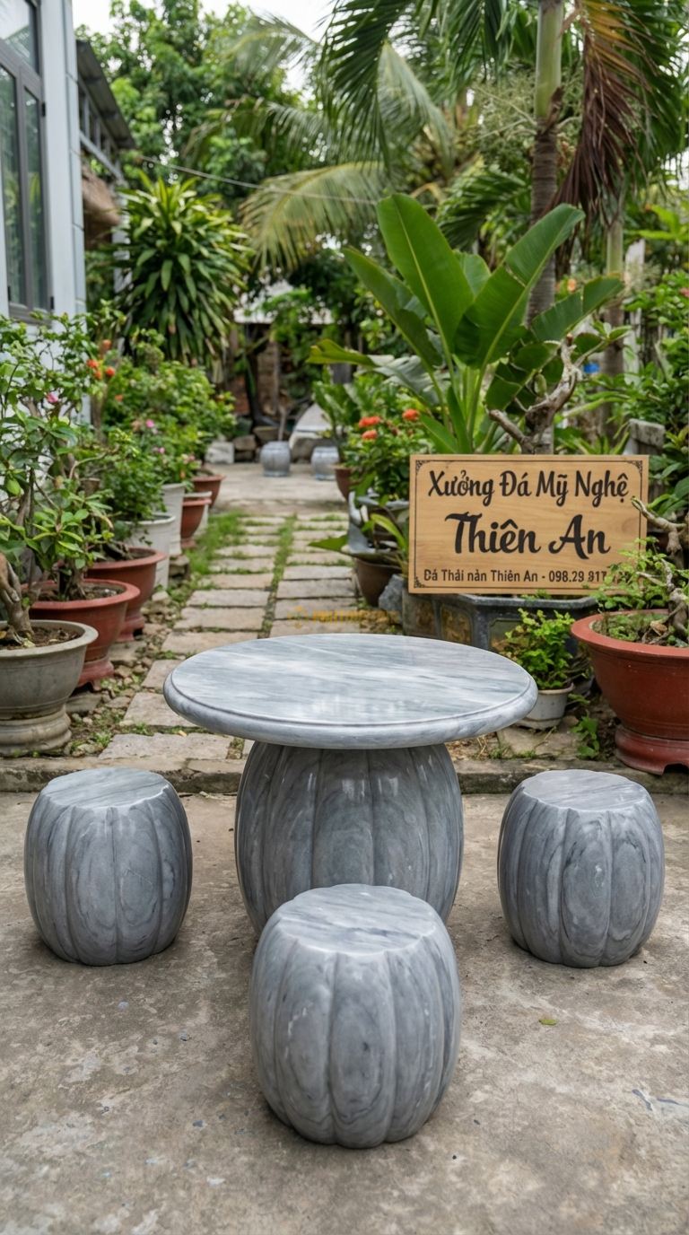 Bộ Bàn Ghế đá Bàn Bí Ngô, Chất Liệu đá Xám Vân Mây, Kiểu Dáng bàn Và Ghế Đẽo Gọt Tròn Trĩnh, Có Múi Như Quả Bí Ngô, Tạo Cảm Giác Dễ Thương. Bàn: Đk 60 Cm x Cao 50 Cm Đôn: Đk 30 Cm (3 Đôn)