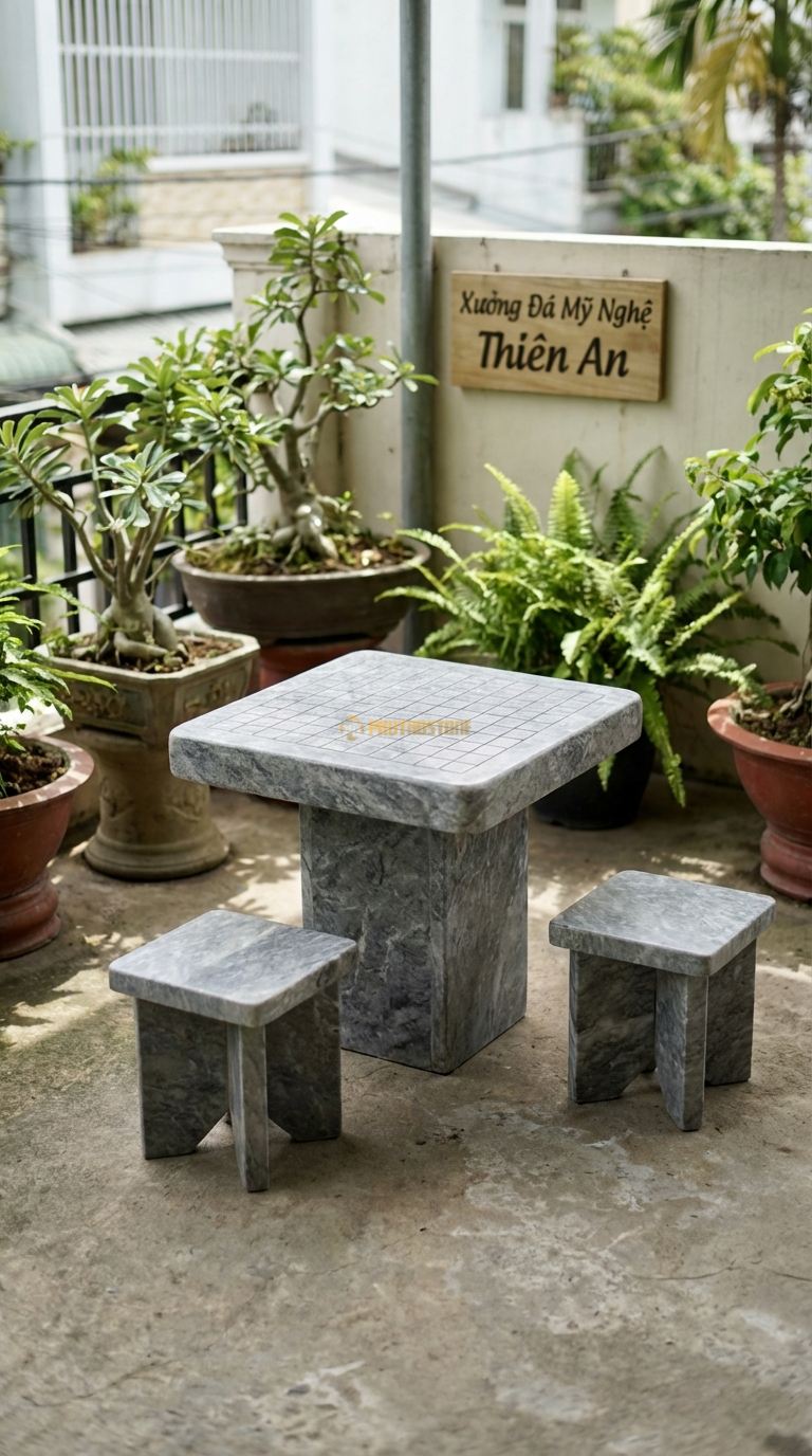 Bộ Bàn Ghế đá Bàn Cờ Vây Mini, Chất Liệu đá Cẩm Thạch Xám, Kiểu Dáng bàn Vuông Nhỏ Kẻ Ô Cờ Vây, Chuyên Dùng Cho 2 Người đá nh Cờ Ngoài Ban Công. Bàn: 50 x 50 x 50 Cm Đôn: Vuông 25X25 Cm (2 Đôn)