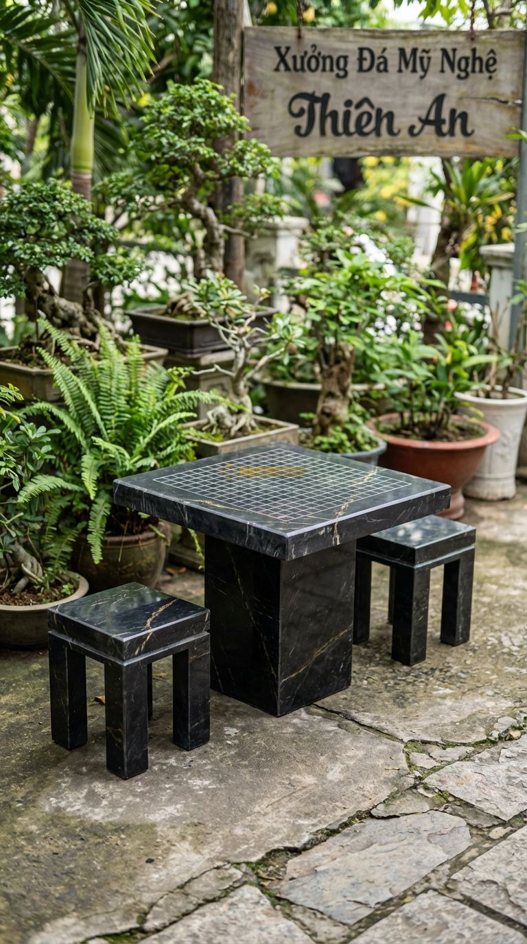 Bộ Bàn Ghế đá Bàn Cờ Vây Mini, Chất Liệu đá Đen Chỉ Nâu, Kiểu Dáng bàn Vuông Nhỏ Kẻ Ô Cờ Vây, Chuyên Dùng Cho 2 Người đá nh Cờ Ngoài Ban Công. Bàn: 50 x 50 x 50 Cm Đôn: Vuông 25X25 Cm (2 Đôn)