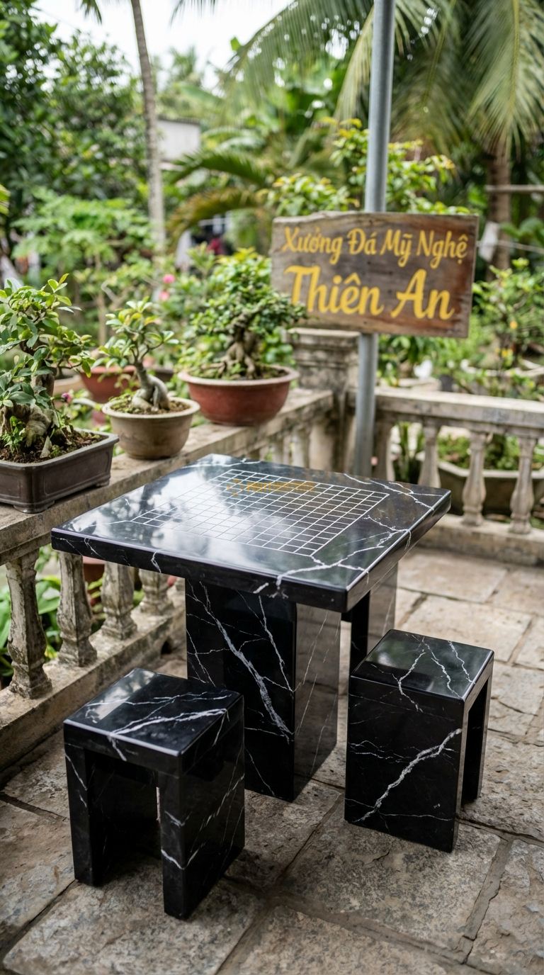 Bộ Bàn Ghế đá Bàn Cờ Vây Mini, Chất Liệu đá Đen Tia Chớp, Kiểu Dáng bàn Vuông Nhỏ Kẻ Ô Cờ Vây, Chuyên Dùng Cho 2 Người đá nh Cờ Ngoài Ban Công. Bàn: 50 x 50 x 50 Cm Đôn: Vuông 25X25 Cm (2 Đôn)
