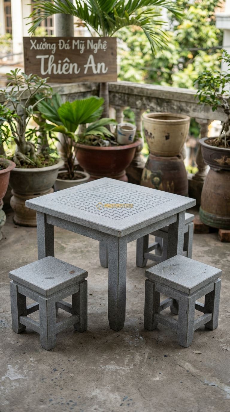 Bộ Bàn Ghế đá Bàn Cờ Vây Mini, Chất Liệu đá Granite, Kiểu Dáng bàn Vuông Nhỏ Kẻ Ô Cờ Vây, Chuyên Dùng Cho 2 Người đá nh Cờ Ngoài Ban Công. Bàn: 50 x 50 x 50 Cm Đôn: Vuông 25X25 Cm (2 Đôn)