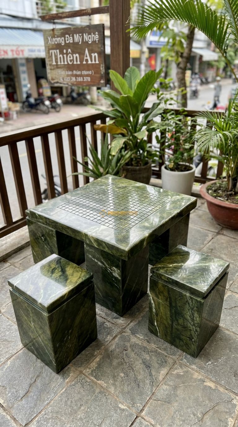Bộ Bàn Ghế đá Bàn Cờ Vây Mini, Chất Liệu đá Serpentine, Kiểu Dáng bàn Vuông Nhỏ Kẻ Ô Cờ Vây, Chuyên Dùng Cho 2 Người đá nh Cờ Ngoài Ban Công. Bàn: 50 x 50 x 50 Cm Đôn: Vuông 25X25 Cm (2 Đôn)