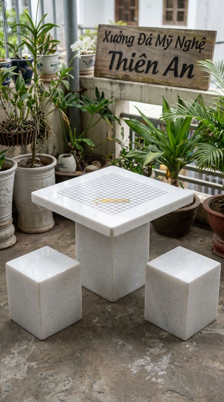 Bộ Bàn Ghế đá Bàn Cờ Vây Mini, Chất Liệu đá Trắng Muối, Kiểu Dáng bàn Vuông Nhỏ Kẻ Ô Cờ Vây, Chuyên Dùng Cho 2 Người đá nh Cờ Ngoài Ban Công. Bàn: 50 x 50 x 50 Cm Đôn: Vuông 25X25 Cm (2 Đôn)