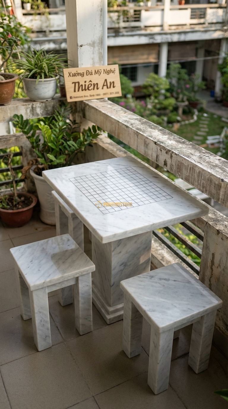 Bộ Bàn Ghế đá Bàn Cờ Vây Mini, Chất Liệu đá Trắng Yên Bái, Kiểu Dáng bàn Vuông Nhỏ Kẻ Ô Cờ Vây, Chuyên Dùng Cho 2 Người đá nh Cờ Ngoài Ban Công. Bàn: 50 x 50 x 50 Cm Đôn: Vuông 25X25 Cm (2 Đôn)