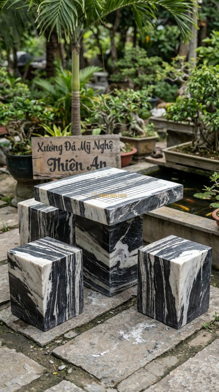 Bộ Bàn Ghế đá Bàn Cờ Vây Mini, Chất Liệu đá Tuyết Sơn, Kiểu Dáng bàn Vuông Nhỏ Kẻ Ô Cờ Vây, Chuyên Dùng Cho 2 Người đá nh Cờ Ngoài Ban Công. Bàn: 50 x 50 x 50 Cm Đôn: Vuông 25X25 Cm (2 Đôn)