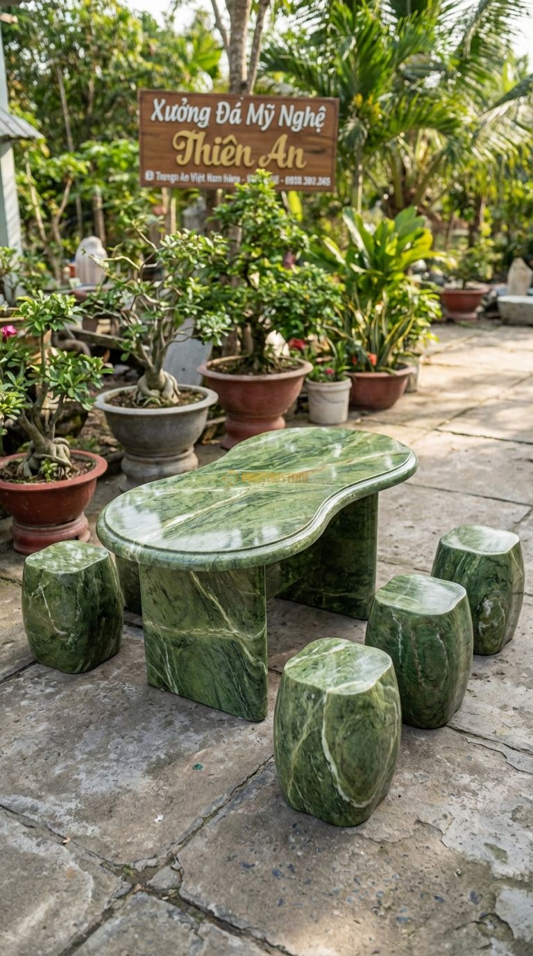 Bộ Bàn Ghế đá Bàn Cong (Dáng Hạt Đậu), Chất Liệu đá Xanh Ấn, Kiểu Dáng mặt Bàn Uốn Cong Nhẹ Hình Hạt Đậu Hoặc Thận, Thiết Kế Bất Đối Xứng Hiện Đại. Bàn: 130 x 70 x 60 Cm Đôn: Tròn Tự Do 30 x 35 Cm (4 Đôn)