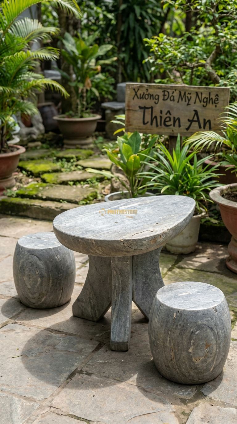 Bộ Bàn Ghế đá Bàn đá Dáng Giọt Nước, Chất Liệu đá Cẩm Thạch Xám, Kiểu Dáng mặt Bàn Hình Giọt Nước Thon Dài, Chân Bàn 3 Chạc. Bàn: 80 x 50 x 60 Cm Đôn: Tròn 30 Cm (2 Đôn)