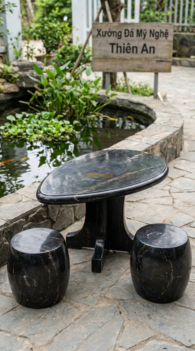 Bộ Bàn Ghế đá Bàn đá Dáng Giọt Nước, Chất Liệu đá Đen Chỉ Nâu, Kiểu Dáng mặt Bàn Hình Giọt Nước Thon Dài, Chân Bàn 3 Chạc. Bàn: 80 x 50 x 60 Cm Đôn: Tròn 30 Cm (2 Đôn)