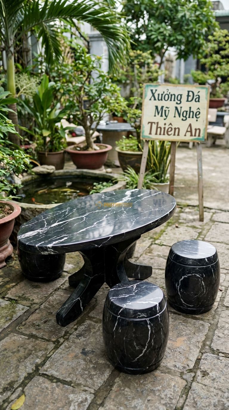 Bộ Bàn Ghế đá Bàn đá Dáng Giọt Nước, Chất Liệu đá Đen Tia Chớp, Kiểu Dáng mặt Bàn Hình Giọt Nước Thon Dài, Chân Bàn 3 Chạc. Bàn: 80 x 50 x 60 Cm Đôn: Tròn 30 Cm (2 Đôn)