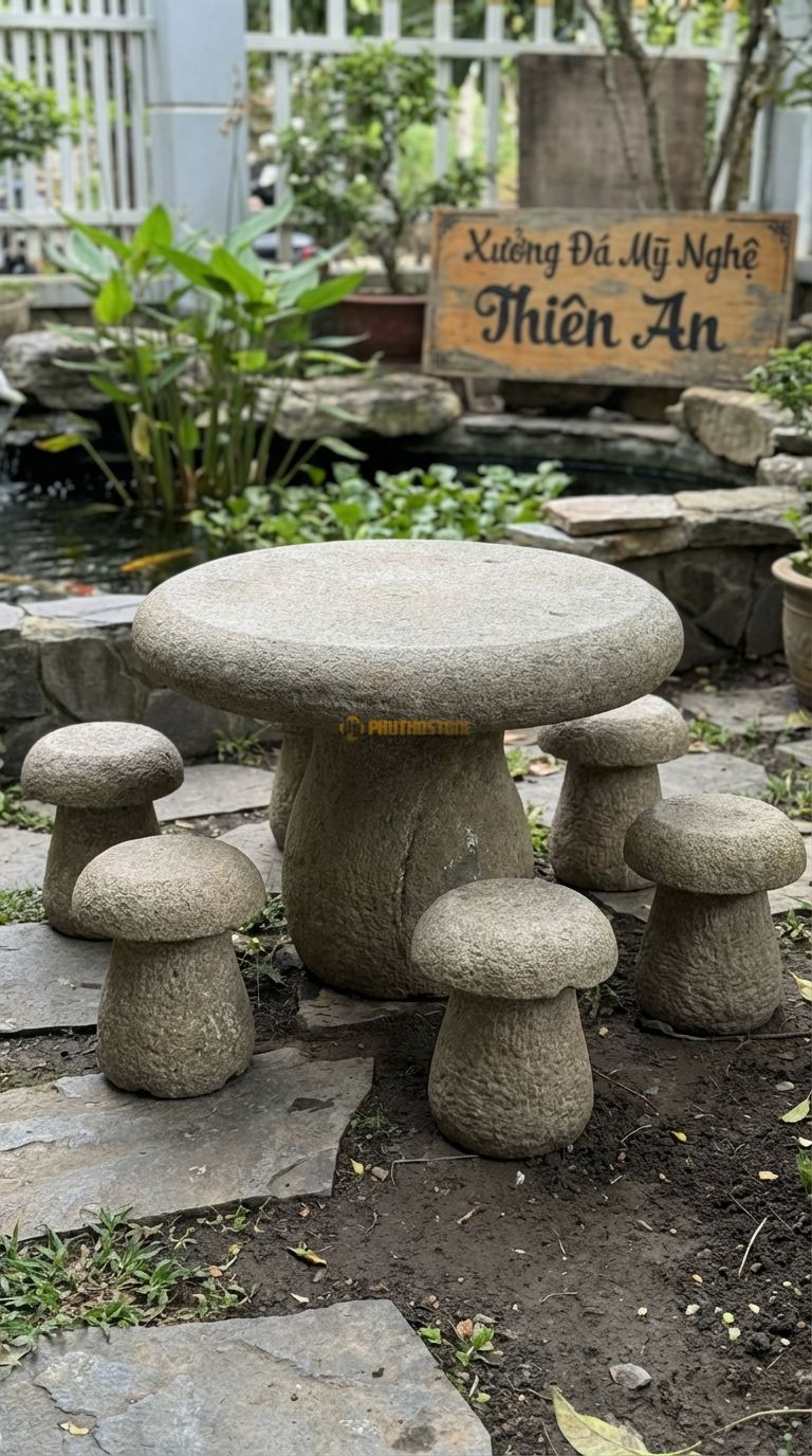 Bộ Bàn Ghế đá Bàn đá Dáng Nấm, Chất Liệu đá Granite, Kiểu Dáng mặt Bàn Dày, Hơi Lồi Nhẹ Ở Giữa, Chân Bàn To Bè Kiểu Gốc Nấm Cổ Thụ. Bàn: Đk 110 x 65 Cm Đôn: Dáng Nấm Nhỏ 30 x 35 Cm (5 Đôn)