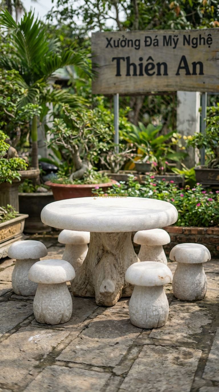Bộ Bàn Ghế đá Bàn đá Dáng Nấm, Chất Liệu đá Trắng Muối, Kiểu Dáng mặt Bàn Dày, Hơi Lồi Nhẹ Ở Giữa, Chân Bàn To Bè Kiểu Gốc Nấm Cổ Thụ. Bàn: Đk 110 x 65 Cm Đôn: Dáng Nấm Nhỏ 30 x 35 Cm (5 Đôn)