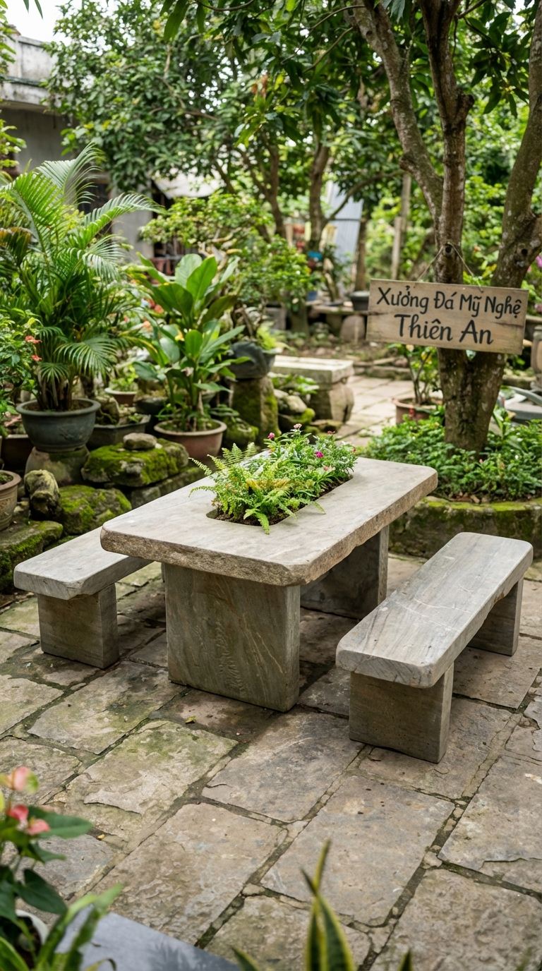 Bộ Bàn Ghế đá Bàn đá Hộc Trồng Cây, Chất Liệu đá Cẩm Thạch Xám, Kiểu Dáng giữa Bàn Là Hộc Rỗng Để Trồng Cây Hoa/Cỏ Decor Thay Vì Bếp Nướng (Có Thể Hoán Đổi). Bàn: 140 x 80 x 70 Cm