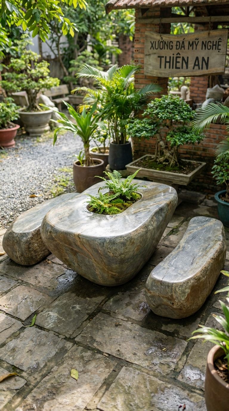 Bộ Bàn Ghế đá Bàn đá Hộc Trồng Cây, Chất Liệu đá Cuội, Kiểu Dáng giữa Bàn Là Hộc Rỗng Để Trồng Cây Hoa/Cỏ Decor Thay Vì Bếp Nướng (Có Thể Hoán Đổi). Bàn: 140 x 80 x 70 Cm