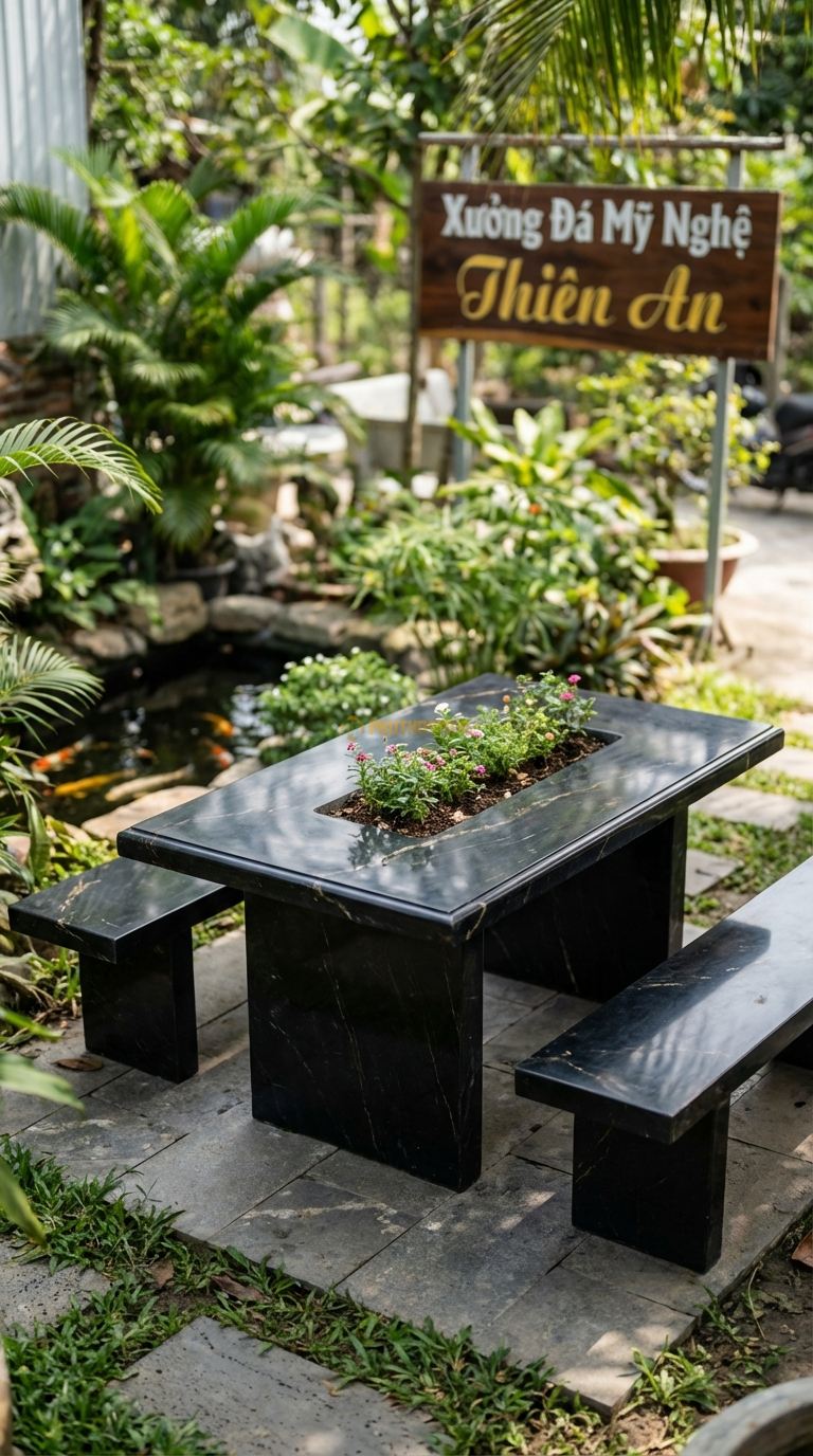 Bộ Bàn Ghế đá Bàn đá Hộc Trồng Cây, Chất Liệu đá Đen Chỉ Nâu, Kiểu Dáng giữa Bàn Là Hộc Rỗng Để Trồng Cây Hoa/Cỏ Decor Thay Vì Bếp Nướng (Có Thể Hoán Đổi). Bàn: 140 x 80 x 70 Cm