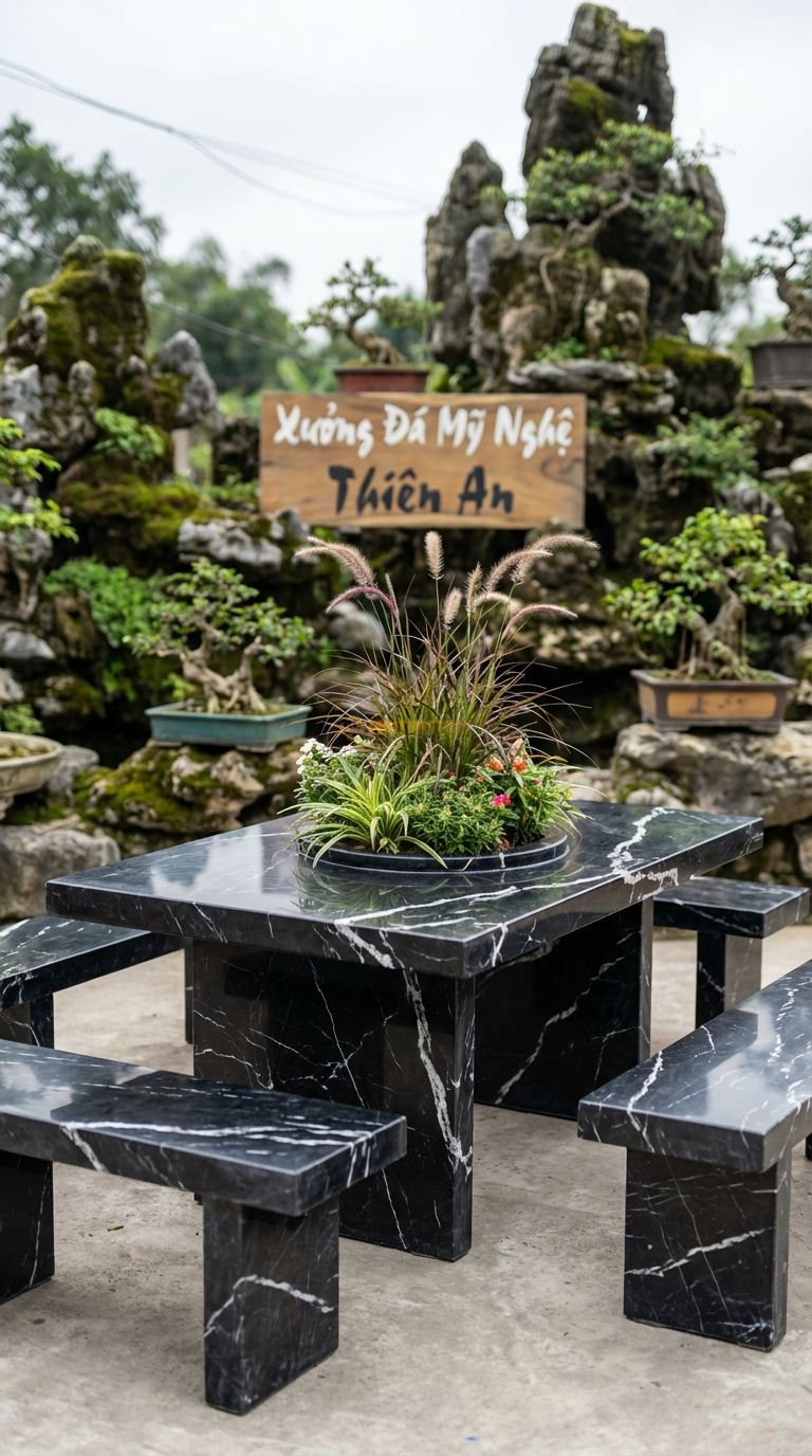 Bộ Bàn Ghế đá Bàn đá Hộc Trồng Cây, Chất Liệu đá Đen Tia Chớp, Kiểu Dáng giữa Bàn Là Hộc Rỗng Để Trồng Cây Hoa/Cỏ Decor Thay Vì Bếp Nướng (Có Thể Hoán Đổi). Bàn: 140 x 80 x 70 Cm