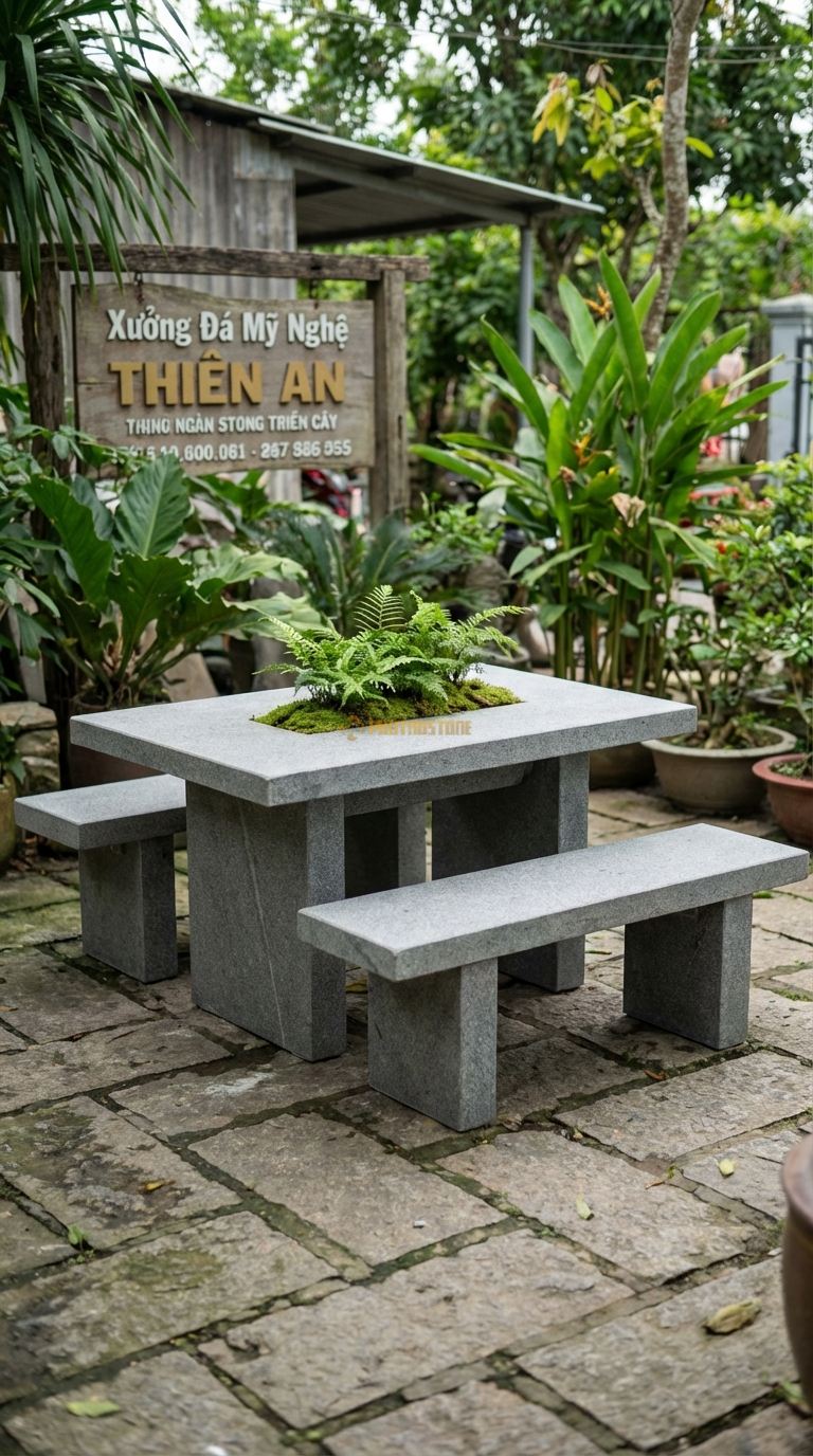 Bộ Bàn Ghế đá Bàn đá Hộc Trồng Cây, Chất Liệu đá Granite, Kiểu Dáng giữa Bàn Là Hộc Rỗng Để Trồng Cây Hoa/Cỏ Decor Thay Vì Bếp Nướng (Có Thể Hoán Đổi). Bàn: 140 x 80 x 70 Cm