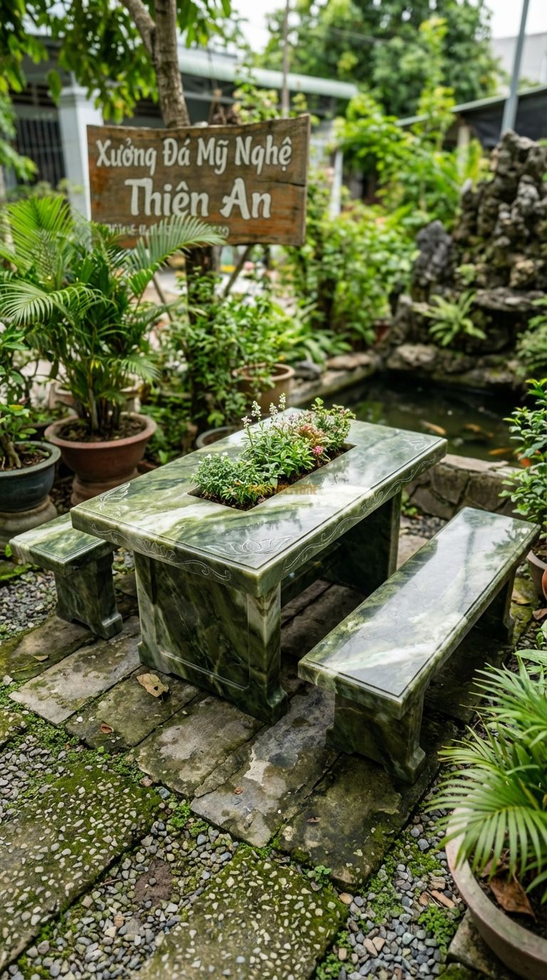 Bộ Bàn Ghế đá Bàn đá Hộc Trồng Cây, Chất Liệu đá Serpentine, Kiểu Dáng giữa Bàn Là Hộc Rỗng Để Trồng Cây Hoa/Cỏ Decor Thay Vì Bếp Nướng (Có Thể Hoán Đổi). Bàn: 140 x 80 x 70 Cm