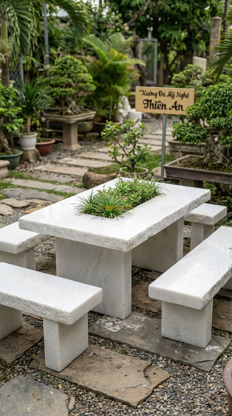Bộ Bàn Ghế đá Bàn đá Hộc Trồng Cây, Chất Liệu đá Trắng Muối, Kiểu Dáng giữa Bàn Là Hộc Rỗng Để Trồng Cây Hoa/Cỏ Decor Thay Vì Bếp Nướng (Có Thể Hoán Đổi). Bàn: 140 x 80 x 70 Cm