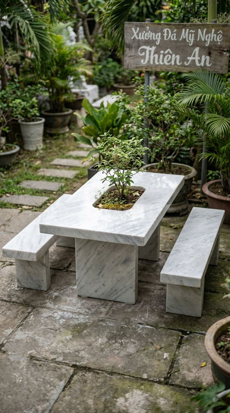 Bộ Bàn Ghế đá Bàn đá Hộc Trồng Cây, Chất Liệu đá Trắng Yên Bái, Kiểu Dáng giữa Bàn Là Hộc Rỗng Để Trồng Cây Hoa/Cỏ Decor Thay Vì Bếp Nướng (Có Thể Hoán Đổi). Bàn: 140 x 80 x 70 Cm