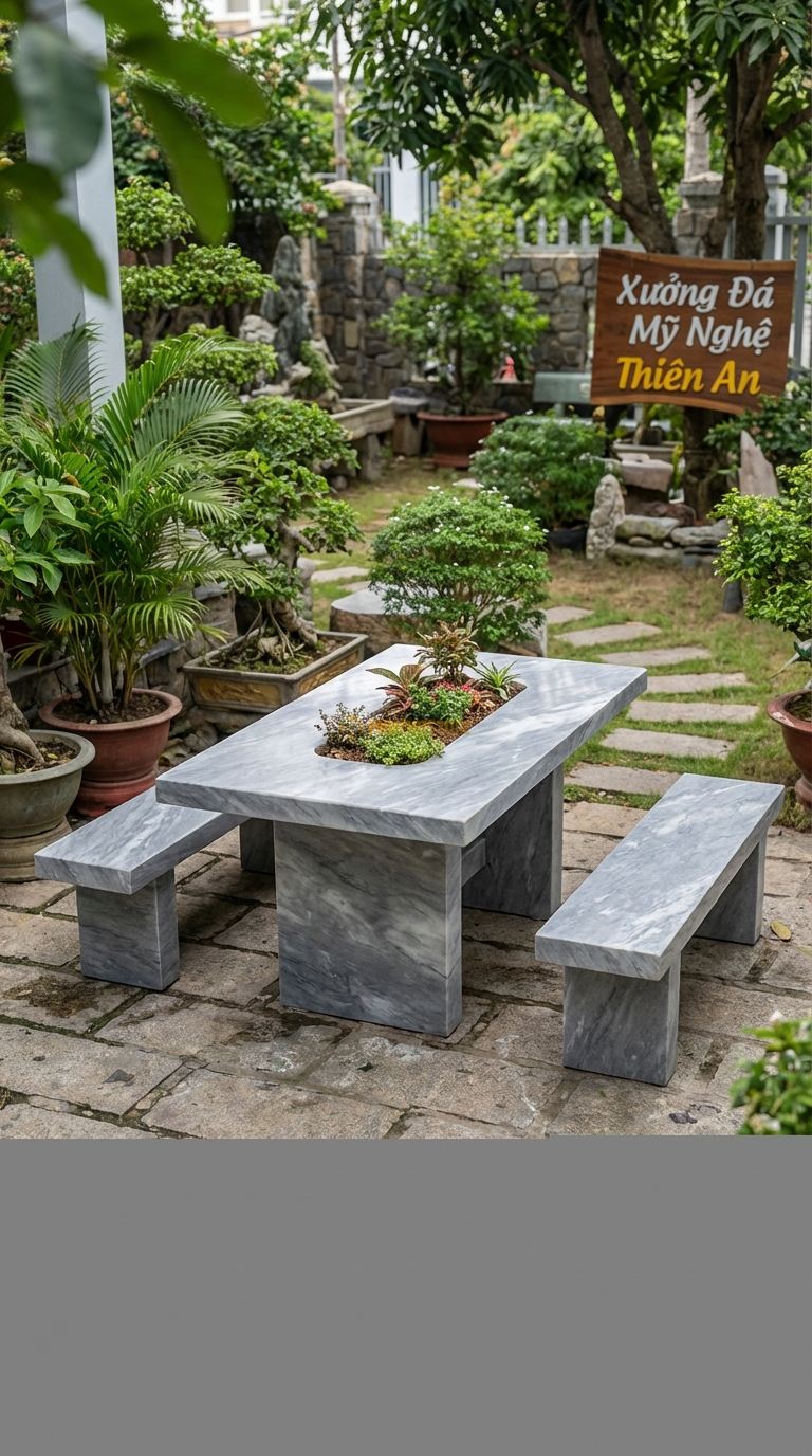 Bộ Bàn Ghế đá Bàn đá Hộc Trồng Cây, Chất Liệu đá Xám Vân Mây, Kiểu Dáng giữa Bàn Là Hộc Rỗng Để Trồng Cây Hoa/Cỏ Decor Thay Vì Bếp Nướng (Có Thể Hoán Đổi). Bàn: 140 x 80 x 70 Cm