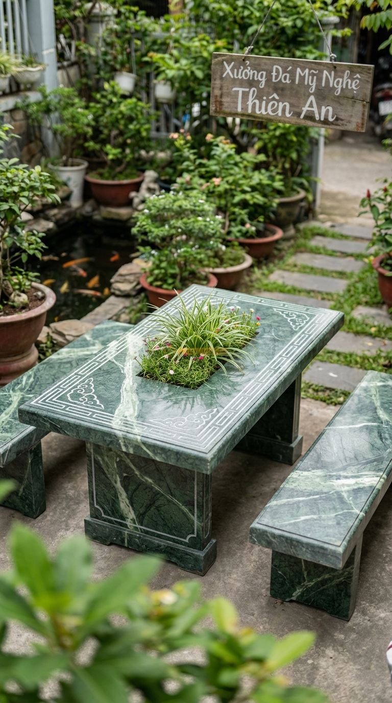 Bộ Bàn Ghế đá Bàn đá Hộc Trồng Cây, Chất Liệu đá Xanh Ấn, Kiểu Dáng giữa Bàn Là Hộc Rỗng Để Trồng Cây Hoa/Cỏ Decor Thay Vì Bếp Nướng (Có Thể Hoán Đổi). Bàn: 140 x 80 x 70 Cm