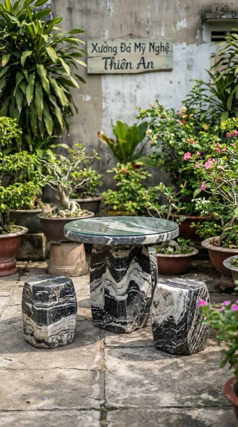 Bộ Bàn Ghế đá Bàn đá Kẹp Kính, Chất Liệu đá Tuyết Sơn, Kiểu Dáng chân đá Tảng Nghệ Thuật Nhỏ, Mặt Kính Cường Lực (Để Tạo Cảm Giác Thoáng Cho Không Gian Hẹp). Bàn: Đk 60 Cm x Cao 60 Cm Đôn: đá Nhỏ (2 Đôn)