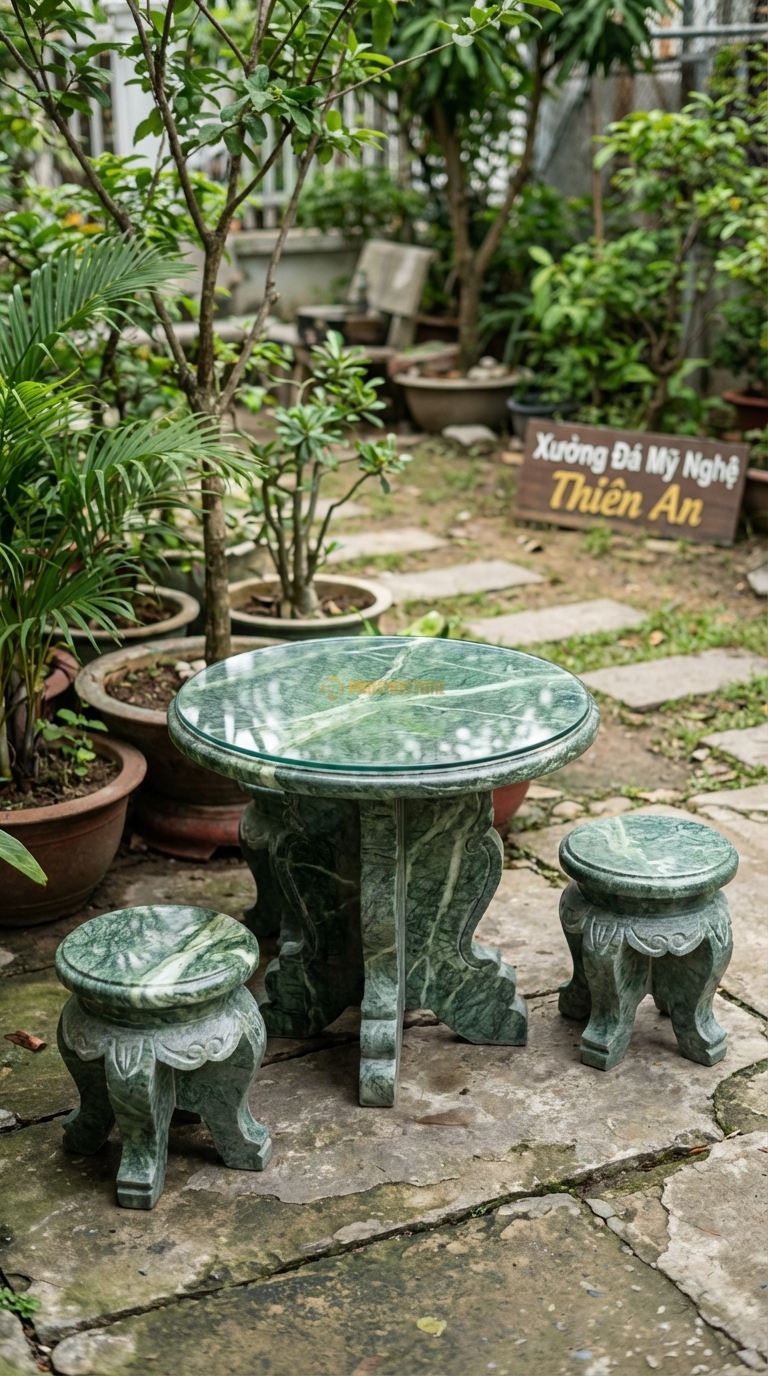 Bộ Bàn Ghế đá Bàn đá Kẹp Kính, Chất Liệu đá Xanh Ấn, Kiểu Dáng chân đá Tảng Nghệ Thuật Nhỏ, Mặt Kính Cường Lực (Để Tạo Cảm Giác Thoáng Cho Không Gian Hẹp). Bàn: Đk 60 Cm x Cao 60 Cm Đôn: đá Nhỏ (2 Đôn)