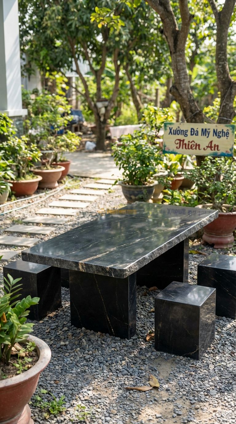 Bộ Bàn Ghế đá Bàn đá Xẻ Vách, Chất Liệu đá Đen Chỉ Nâu, Kiểu Dáng mặt Bàn Phẳng, Cạnh Bên Là Vết Cắt Xẻ Công Nghiệp Để Lộ Thớ đá , Tạo Cảm Giác Hiện Đại. Bàn: 200 x 80 x 75 Cm Đôn: Khối Hộp Chữ Nhật 40 x 40 Cm