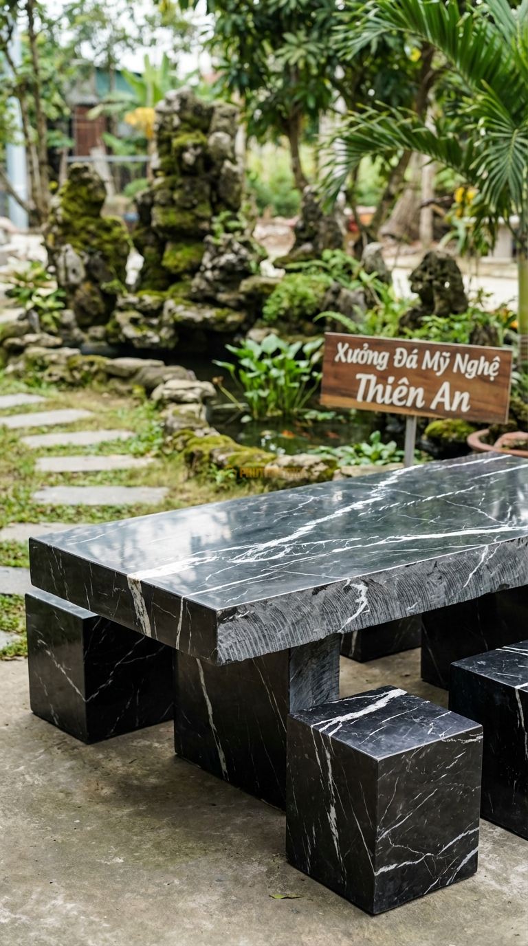 Bộ Bàn Ghế đá Bàn đá Xẻ Vách, Chất Liệu đá Đen Tia Chớp, Kiểu Dáng mặt Bàn Phẳng, Cạnh Bên Là Vết Cắt Xẻ Công Nghiệp Để Lộ Thớ đá , Tạo Cảm Giác Hiện Đại. Bàn: 200 x 80 x 75 Cm Đôn: Khối Hộp Chữ Nhật 40 x 40 Cm