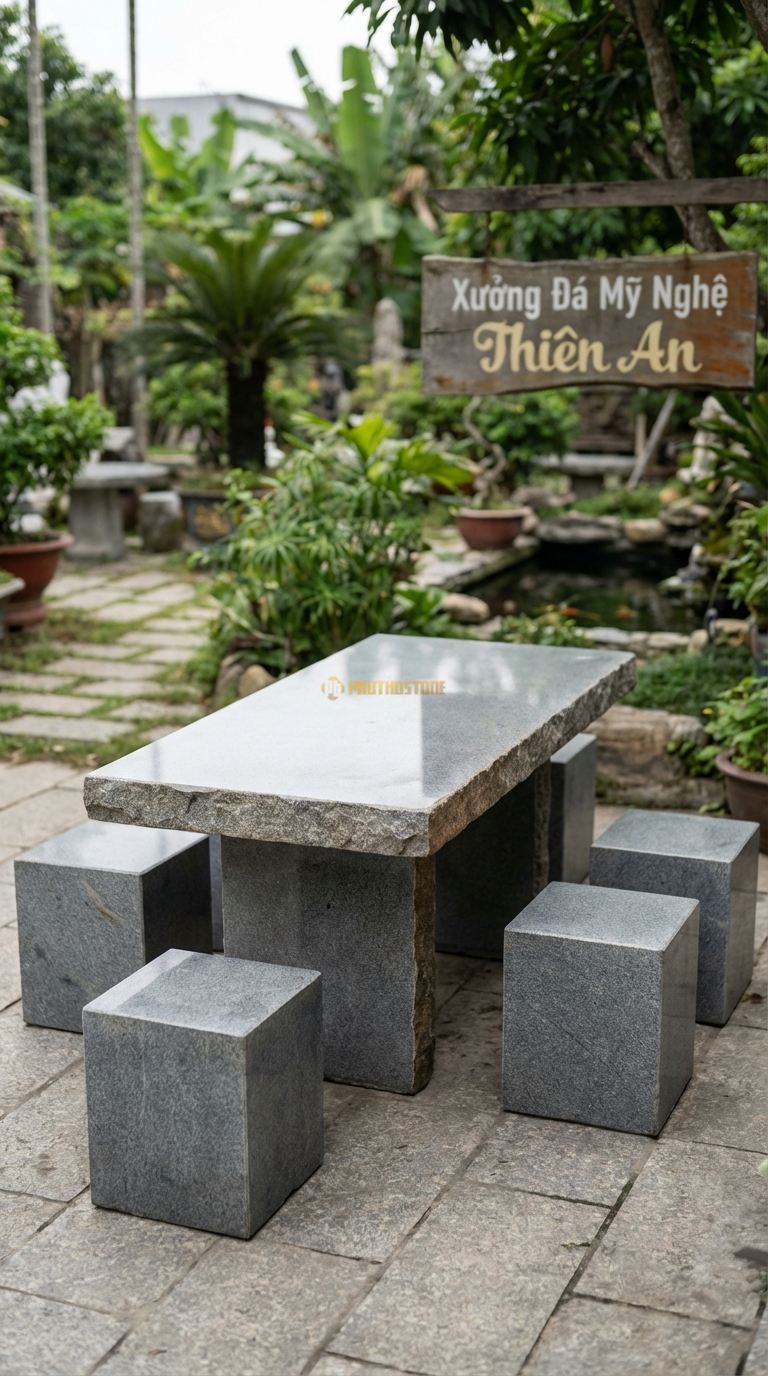 Bộ Bàn Ghế đá Bàn đá Xẻ Vách, Chất Liệu đá Granite, Kiểu Dáng mặt Bàn Phẳng, Cạnh Bên Là Vết Cắt Xẻ Công Nghiệp Để Lộ Thớ đá , Tạo Cảm Giác Hiện Đại. Bàn: 200 x 80 x 75 Cm Đôn: Khối Hộp Chữ Nhật 40 x 40 Cm