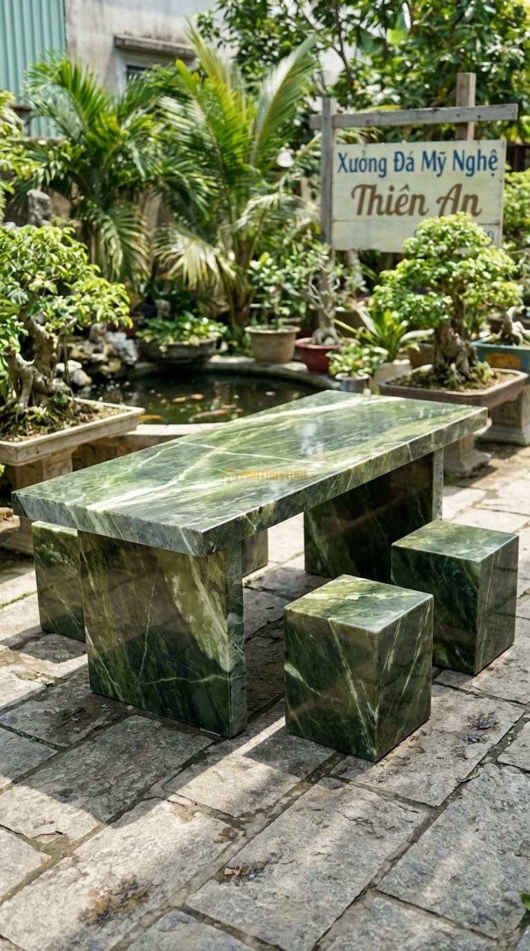 Bộ Bàn Ghế đá Bàn đá Xẻ Vách, Chất Liệu đá Serpentine, Kiểu Dáng mặt Bàn Phẳng, Cạnh Bên Là Vết Cắt Xẻ Công Nghiệp Để Lộ Thớ đá , Tạo Cảm Giác Hiện Đại. Bàn: 200 x 80 x 75 Cm Đôn: Khối Hộp Chữ Nhật 40 x 40 Cm