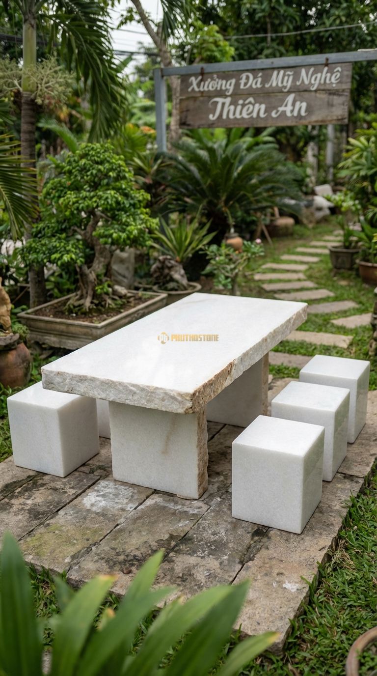 Bộ Bàn Ghế đá Bàn đá Xẻ Vách, Chất Liệu đá Trắng Muối, Kiểu Dáng mặt Bàn Phẳng, Cạnh Bên Là Vết Cắt Xẻ Công Nghiệp Để Lộ Thớ đá , Tạo Cảm Giác Hiện Đại. Bàn: 200 x 80 x 75 Cm Đôn: Khối Hộp Chữ Nhật 40 x 40 Cm