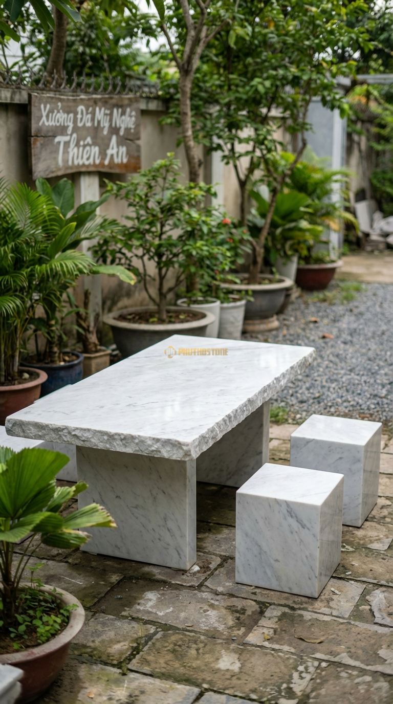 Bộ Bàn Ghế đá Bàn đá Xẻ Vách, Chất Liệu đá Trắng Yên Bái, Kiểu Dáng mặt Bàn Phẳng, Cạnh Bên Là Vết Cắt Xẻ Công Nghiệp Để Lộ Thớ đá , Tạo Cảm Giác Hiện Đại. Bàn: 200 x 80 x 75 Cm Đôn: Khối Hộp Chữ Nhật 40 x 40 Cm
